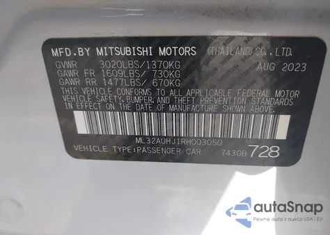 2024 Mitsubishi Mirage Es/Le z USA, uszkodzony, nr VIN ML32AUHJ1RH003050